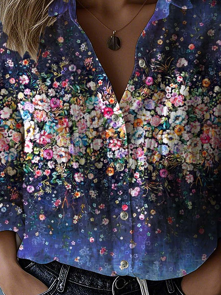 Floral Shirt Collar Casual Loose Shirt