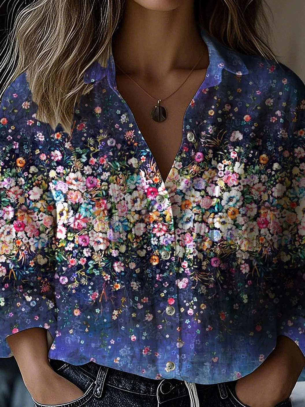 Floral Shirt Collar Casual Loose Shirt