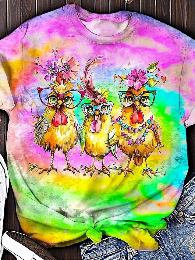 Women's Tie Dye Art Cute Chicken Print Crew Neck T-Shirt