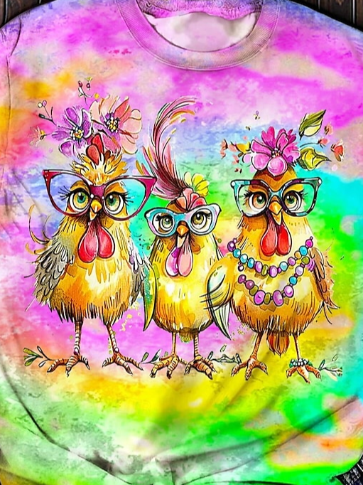 Women's Tie Dye Art Cute Chicken Print Crew Neck T-Shirt