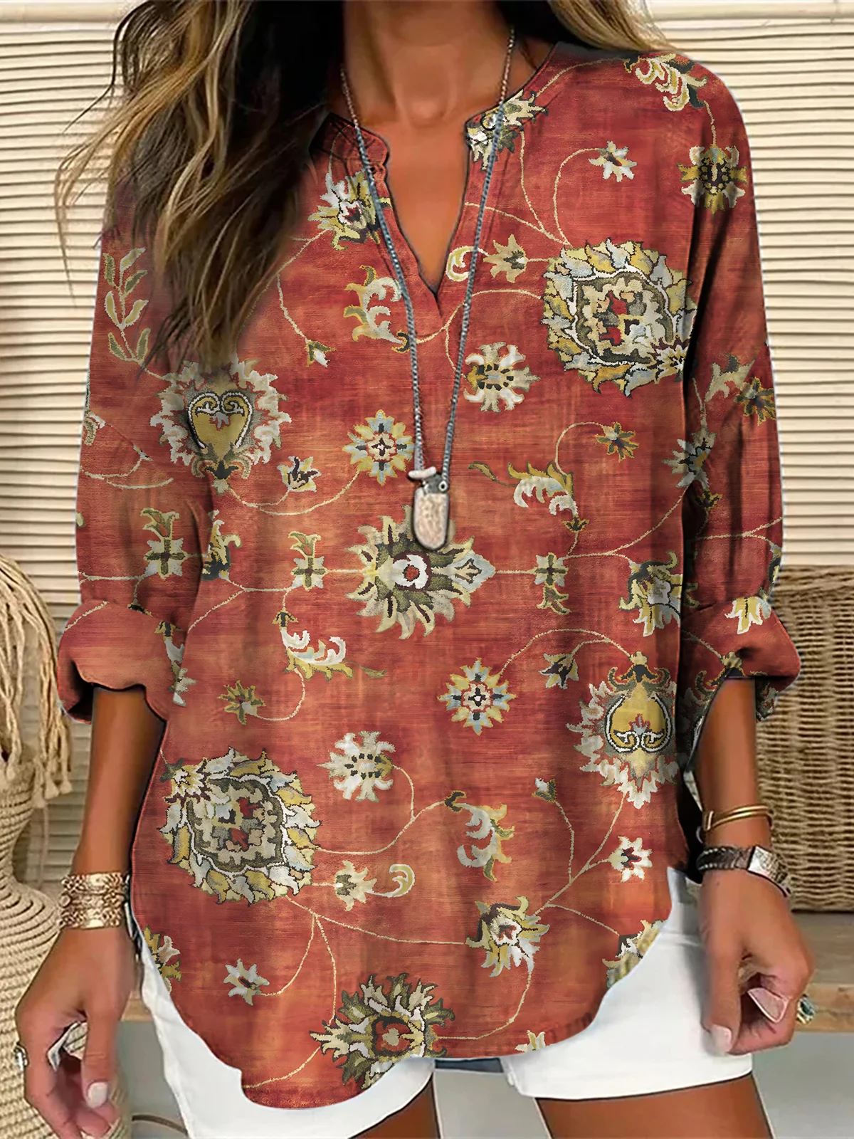 Women's Vintage Ethnic Art Floral Print V-Neck Shirt