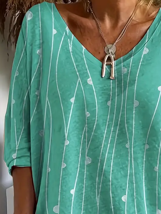 Women's Abstract Stripe Print Casual V-Neck Long Sleeve T-Shirt