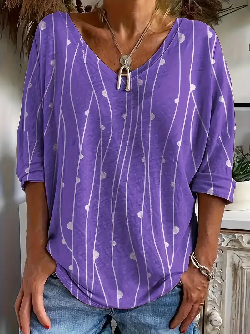Women's Abstract Stripe Print Casual V-Neck Long Sleeve T-Shirt