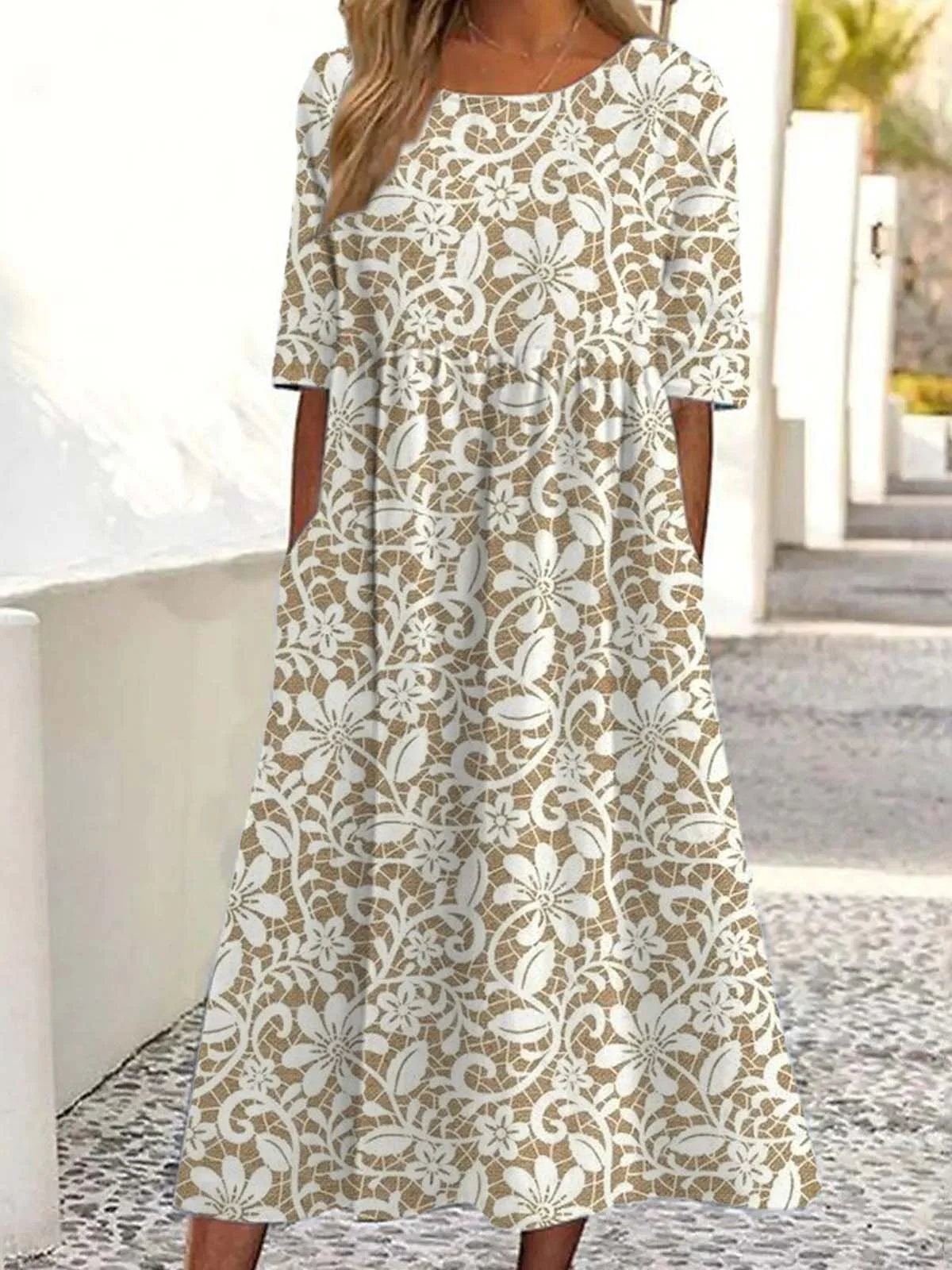 Vintage Crew Neck Floral Loose Dress With No