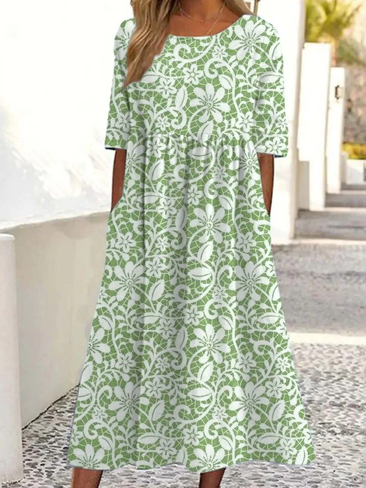 Vintage Crew Neck Floral Loose Dress With No
