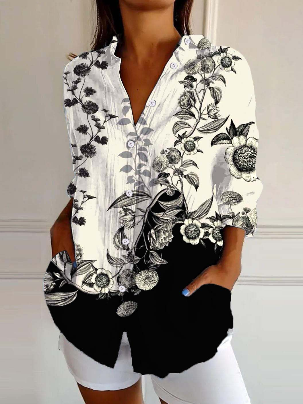 Black And White Colorblock Loose Casual Shirt