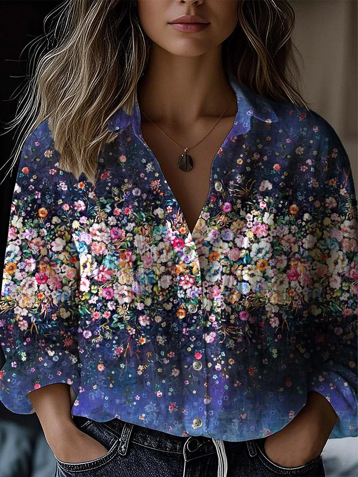 Floral Shirt Collar Casual Loose Shirt