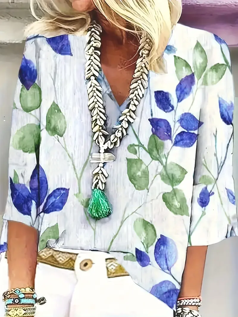 Women's Floral Spring V-Neck Printed Casual Blouse