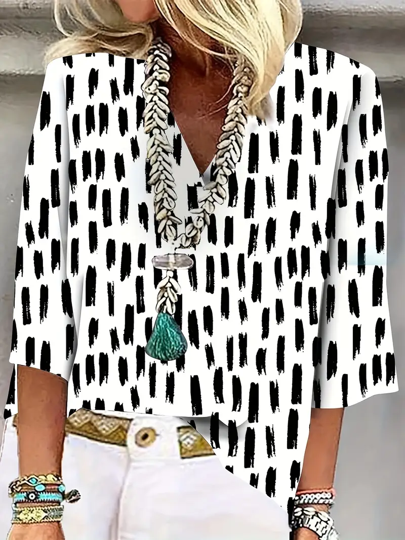 Women's Geometric Spring V-Neck Printed Casual Blouse