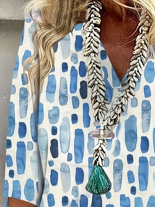Women's Geometric Spring V-Neck Printed Casual Blouse