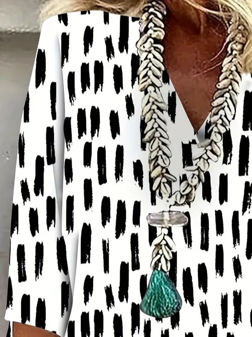 Women's Geometric Spring V-Neck Printed Casual Blouse