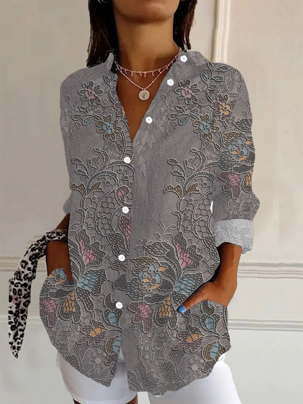 Women's Long Sleeve Shirt Spring/Fall Gray Floral Buckle Shirt Collar Daily Going Out Casual Top