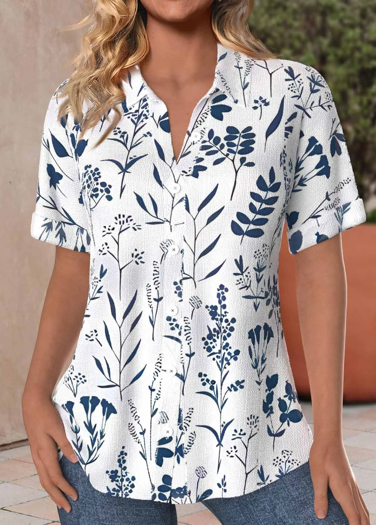 Shawl Collar Loose Simple Floral Shirt