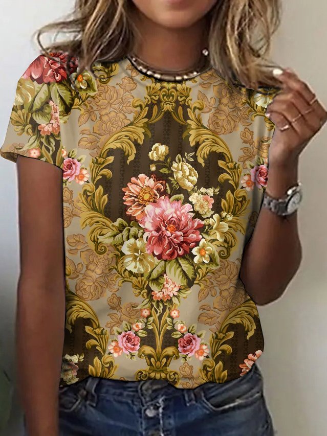 Crew Neck Floral Casual Regular Fit T-Shirt
