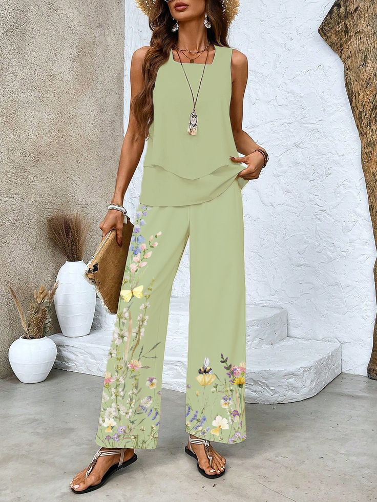 Women's Floral Spring Print Casual Tank Top Pants Two Piece Suit