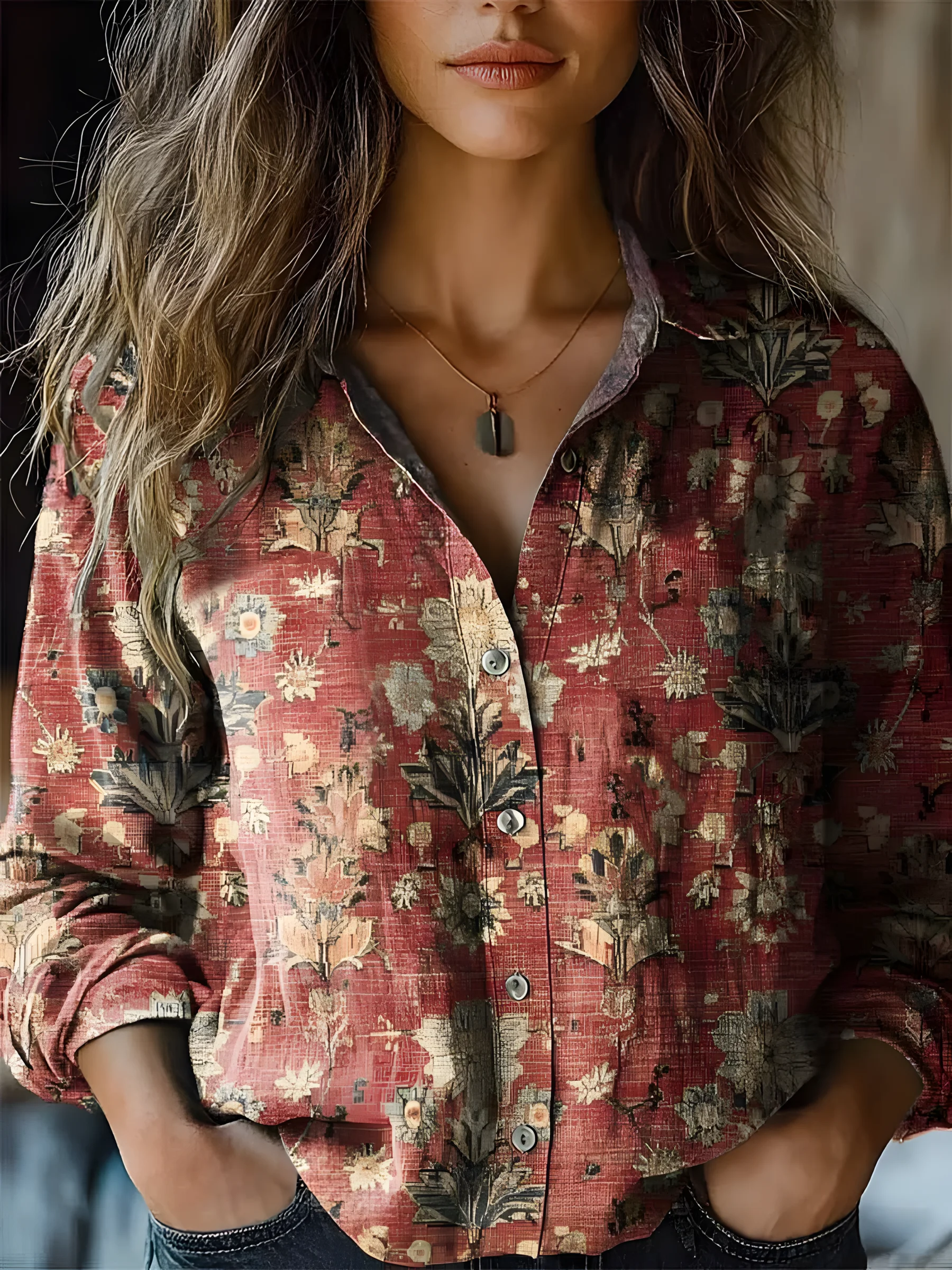 Women's Vintage Art Floral Print Cotton and Linen Long Sleeve Shirt