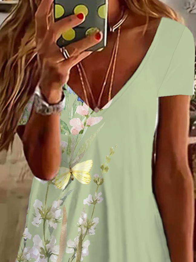 Women's Floral Spring Print Casual V-Neck Short Sleeve Dress