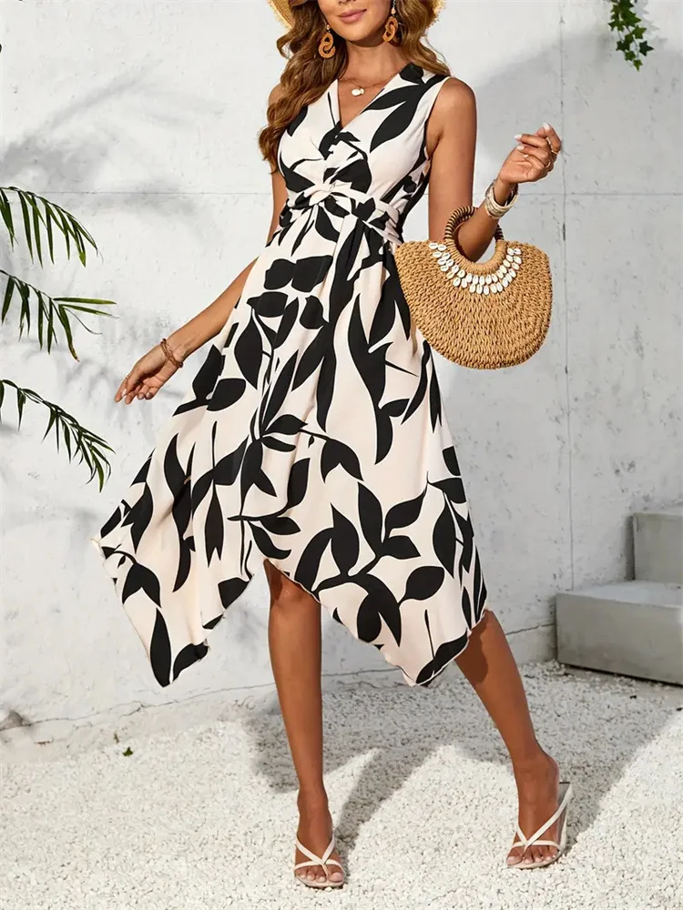 Women's Sleeveless Summer Apricot Floral V Neck Daily Going Out Casual Midi A-Line Flowy Dress Dress