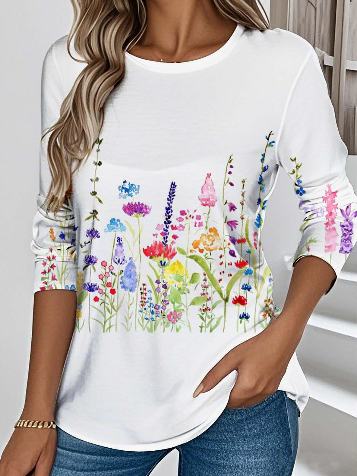 Casual Loose Crew Neck Floral T-Shirt