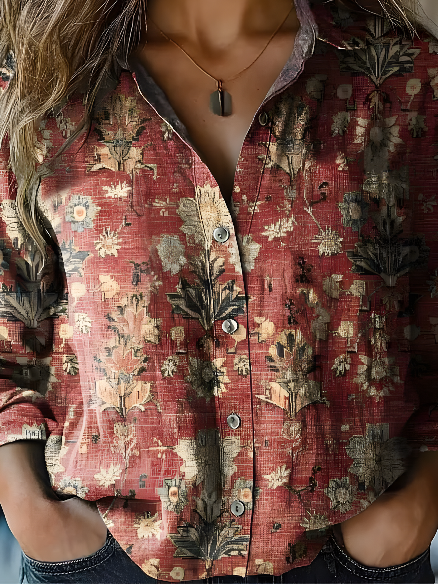 Women's Vintage Art Floral Print Cotton and Linen Long Sleeve Shirt