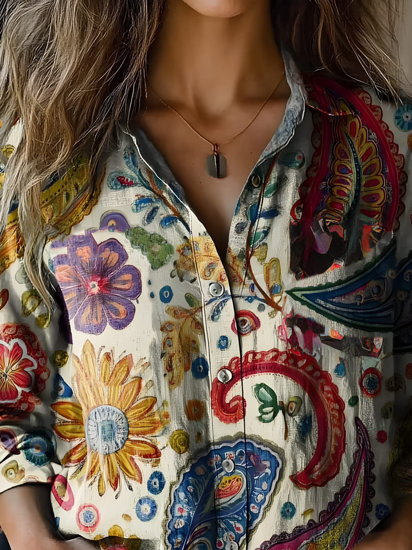 Women's Vintage Art Floral Print Cotton and Linen Long Sleeve Shirt