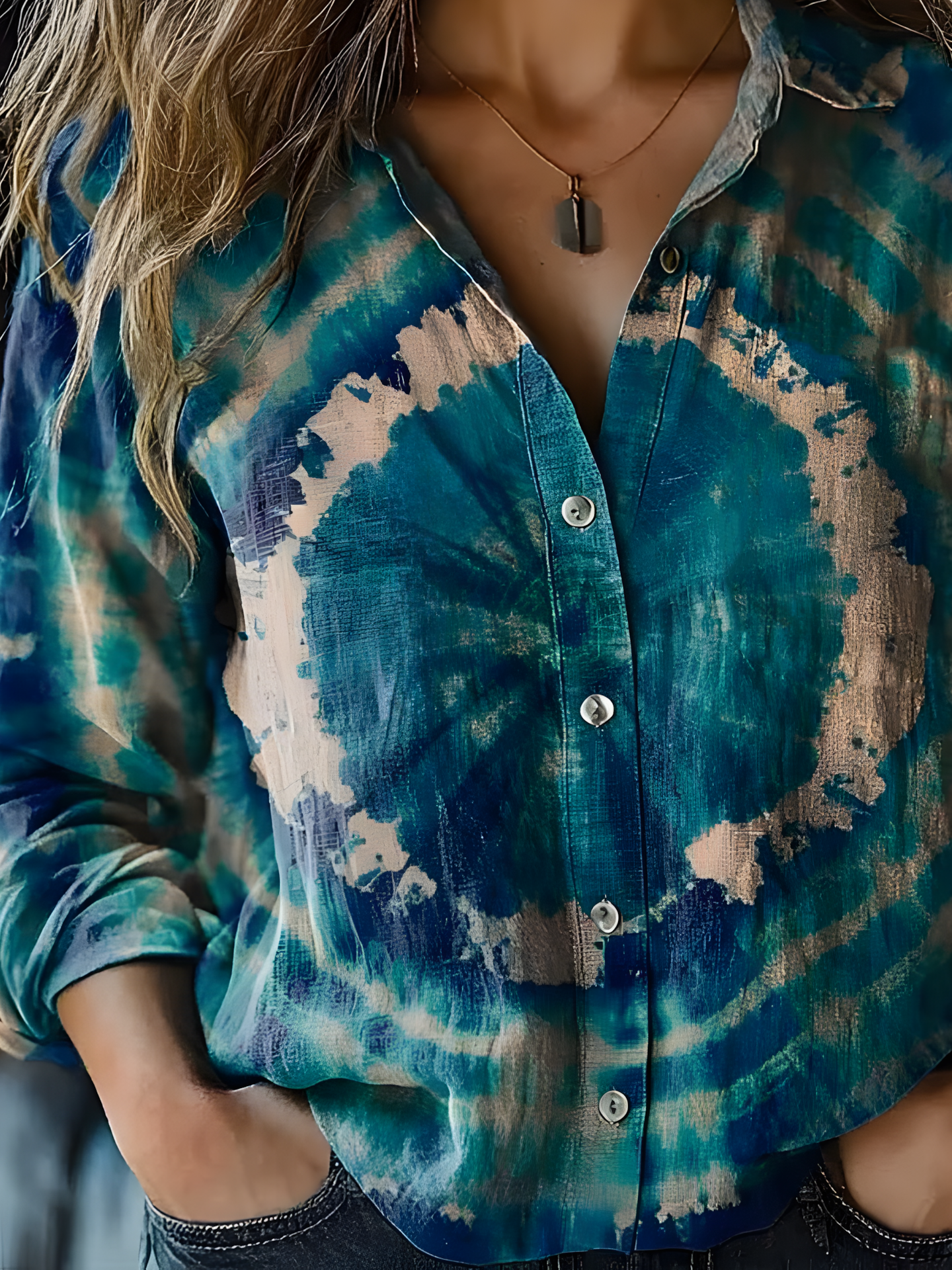 Women's Vintage Art Tie-Dye Printed Cotton and Linen Long Sleeve Shirt