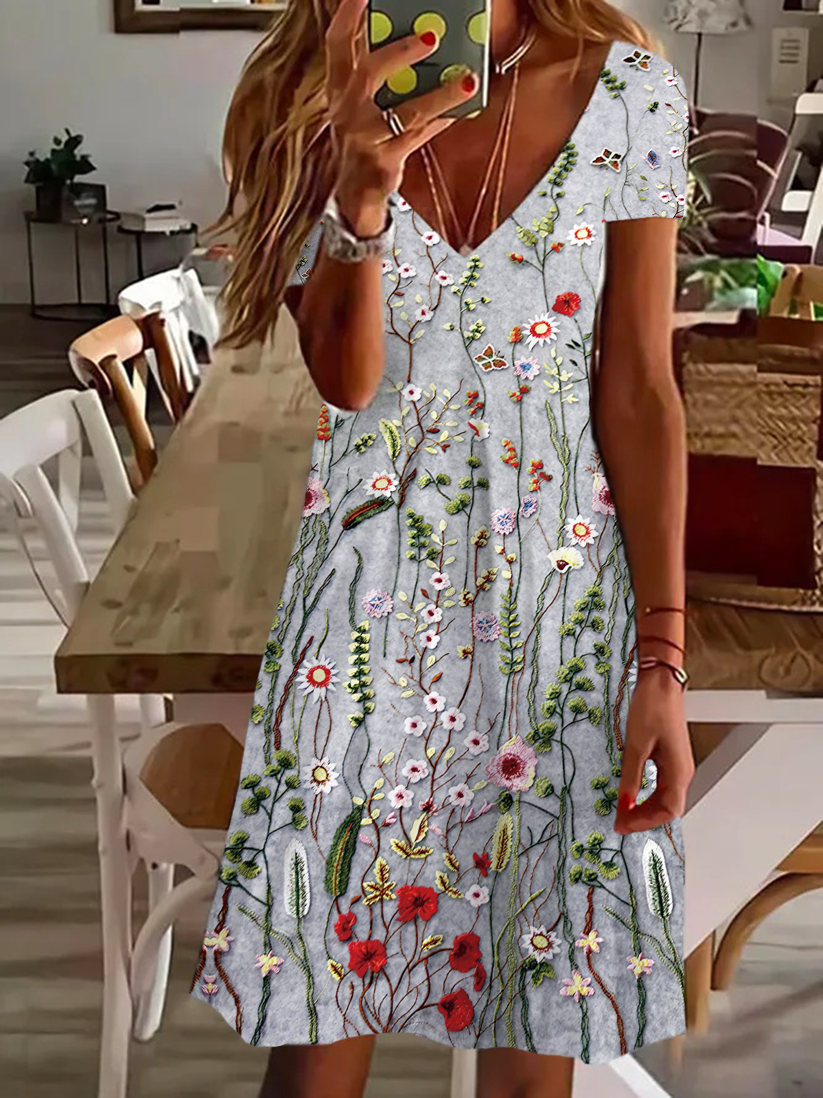 Women's Floral Spring Print Casual V-Neck Short Sleeve Dress