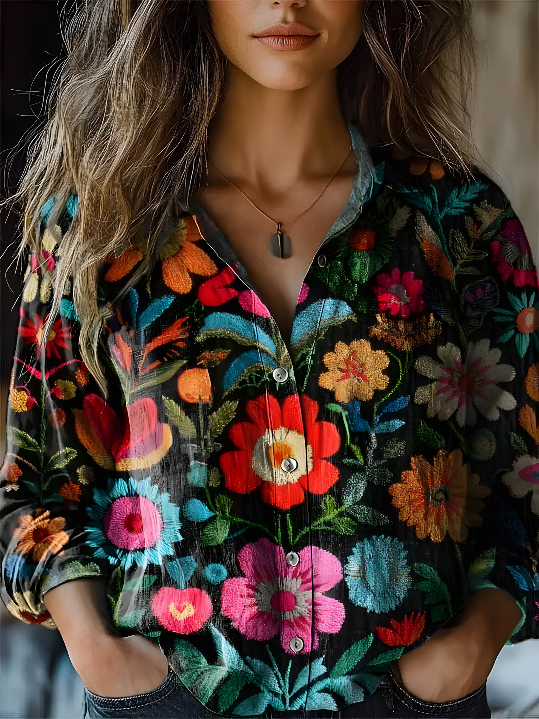 Women's Vintage Art Floral Print Cotton and Linen Long Sleeve Shirt