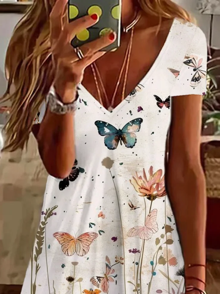 Women's Floral Spring Print Casual V-Neck Short Sleeve Dress