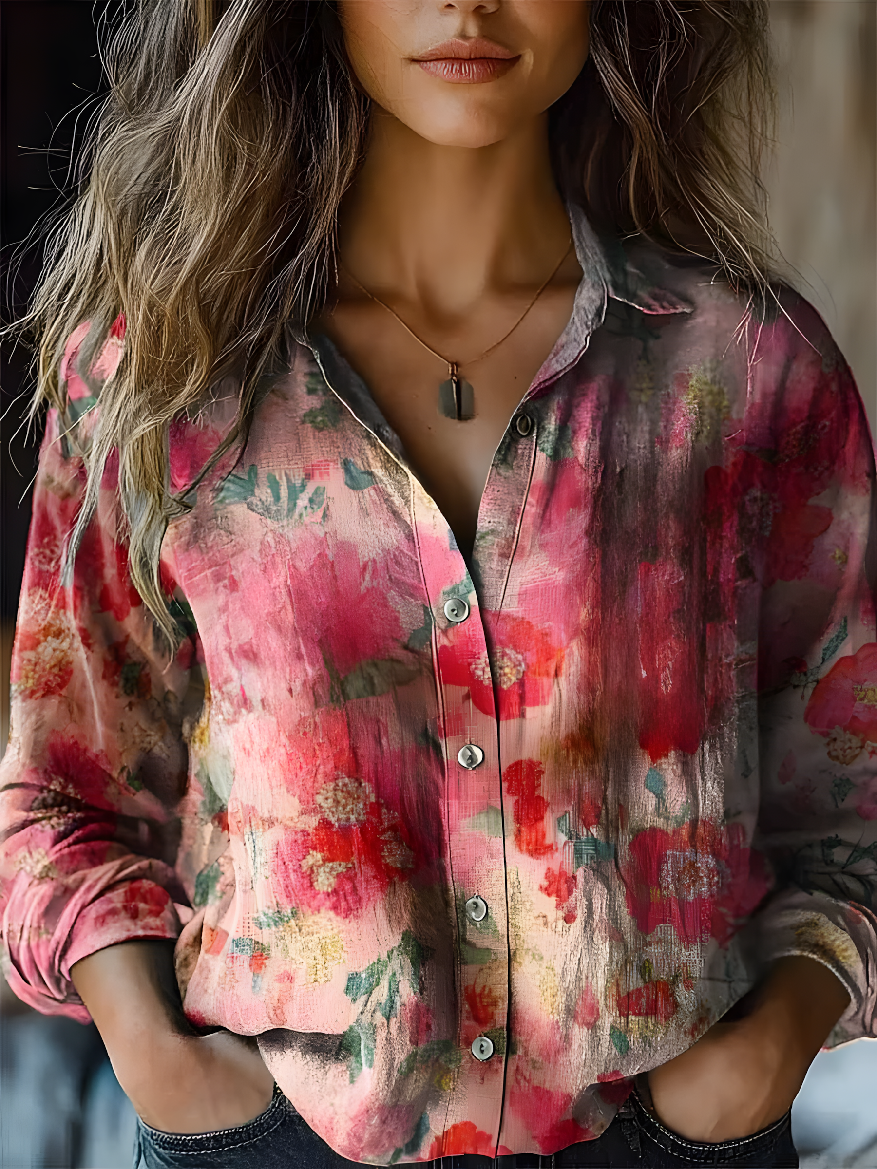 Women's Vintage Art Floral Print Cotton and Linen Long Sleeve Shirt