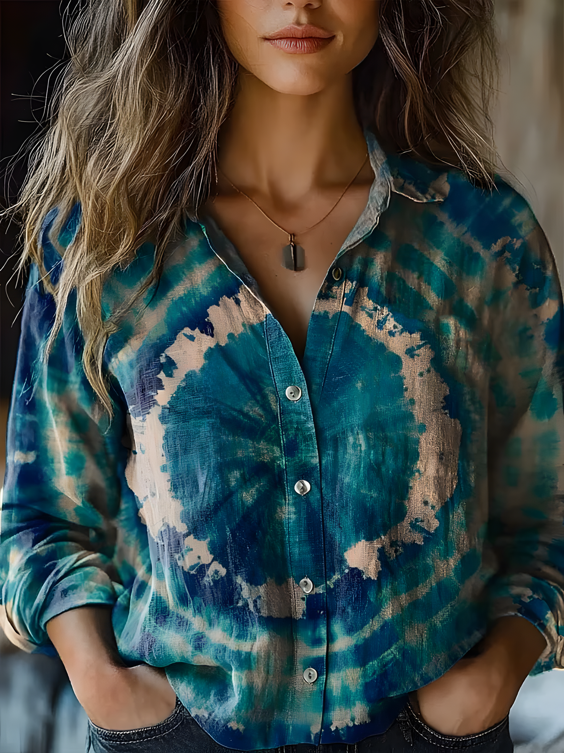 Women's Vintage Art Tie-Dye Printed Cotton and Linen Long Sleeve Shirt