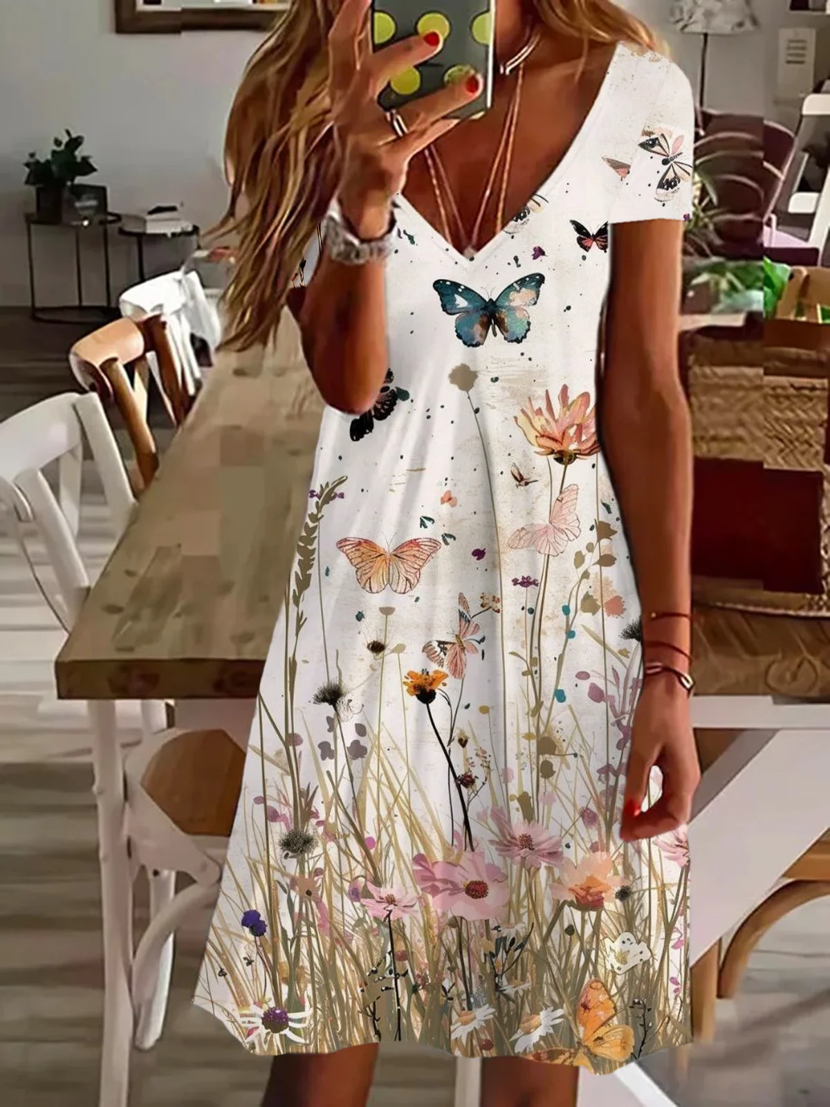 Women's Floral Spring Print Casual V-Neck Short Sleeve Dress