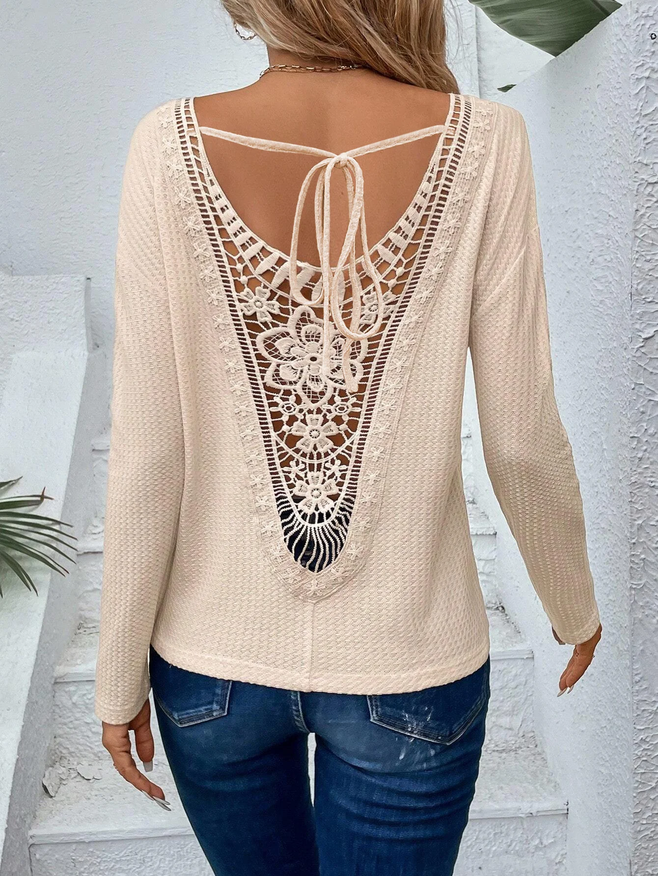 Women's Long Sleeve T-shirt Summer Apricot Plain Hollow Out V Neck Daily Going Out Casual Top