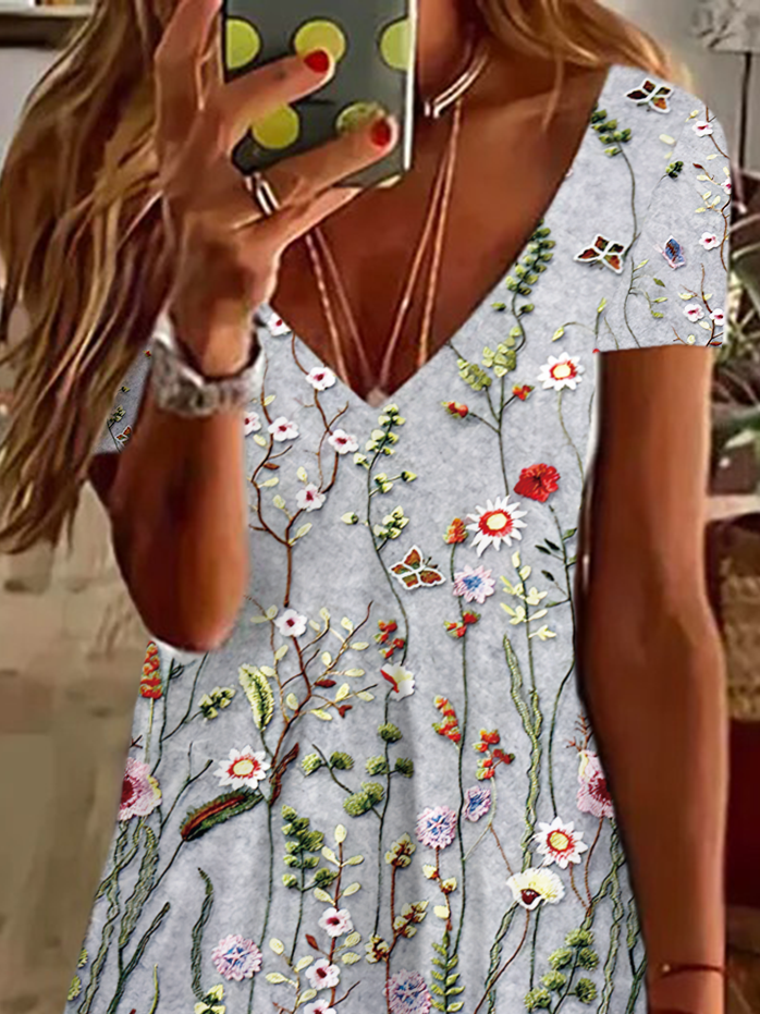 Women's Floral Spring Print Casual V-Neck Short Sleeve Dress