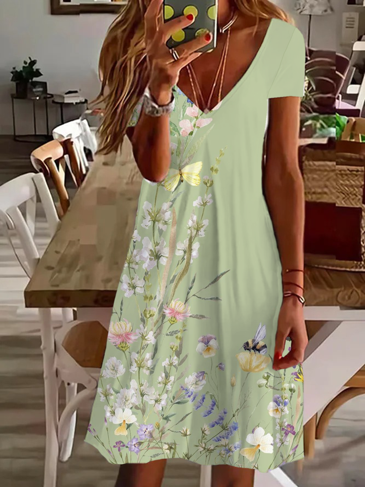 Women's Floral Spring Print Casual V-Neck Short Sleeve Dress