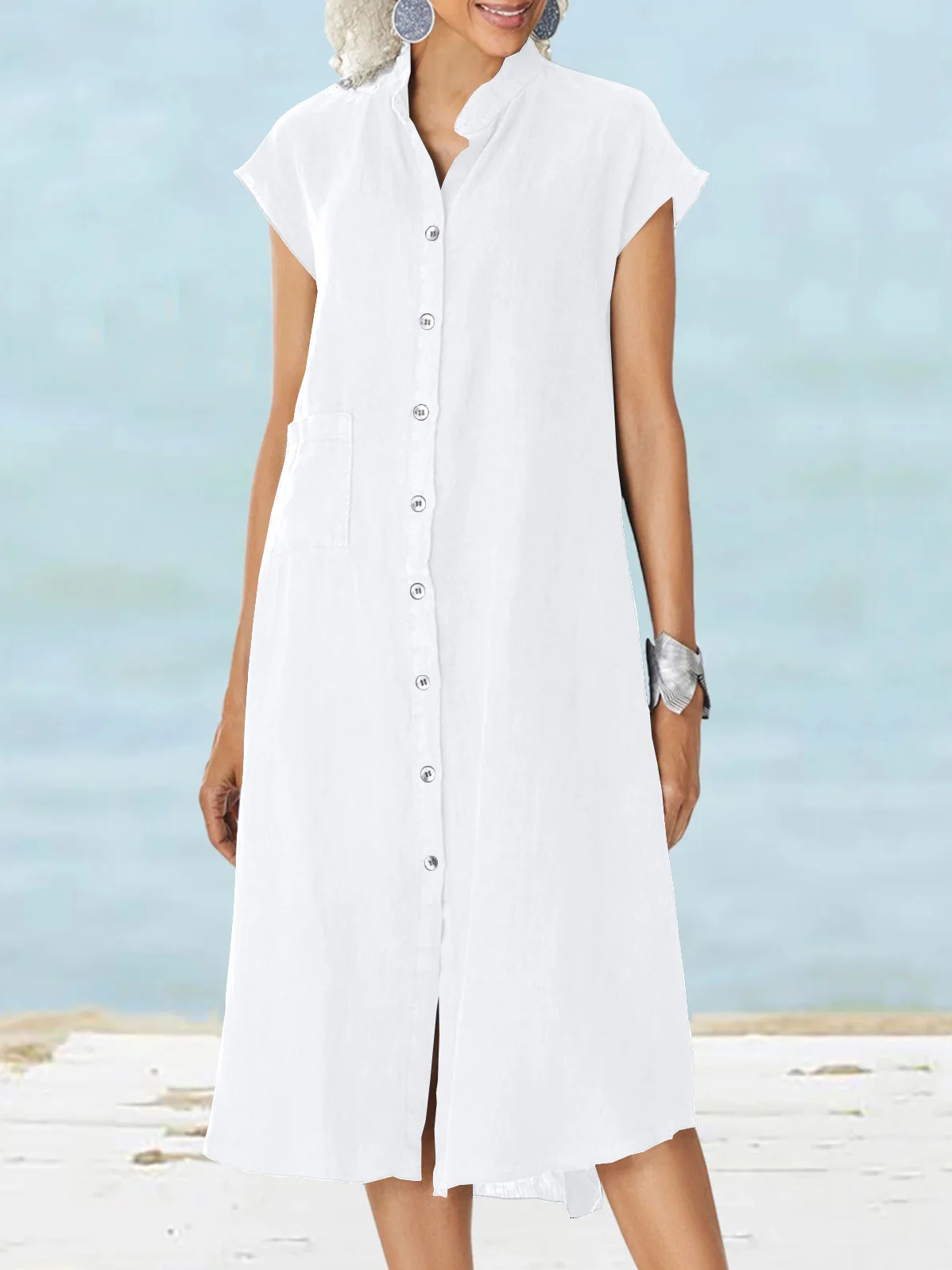 Women's Short Sleeve All Season White Plain Stand Collar Daily Going Out Casual Midi H-Line Shirt Dress Dress