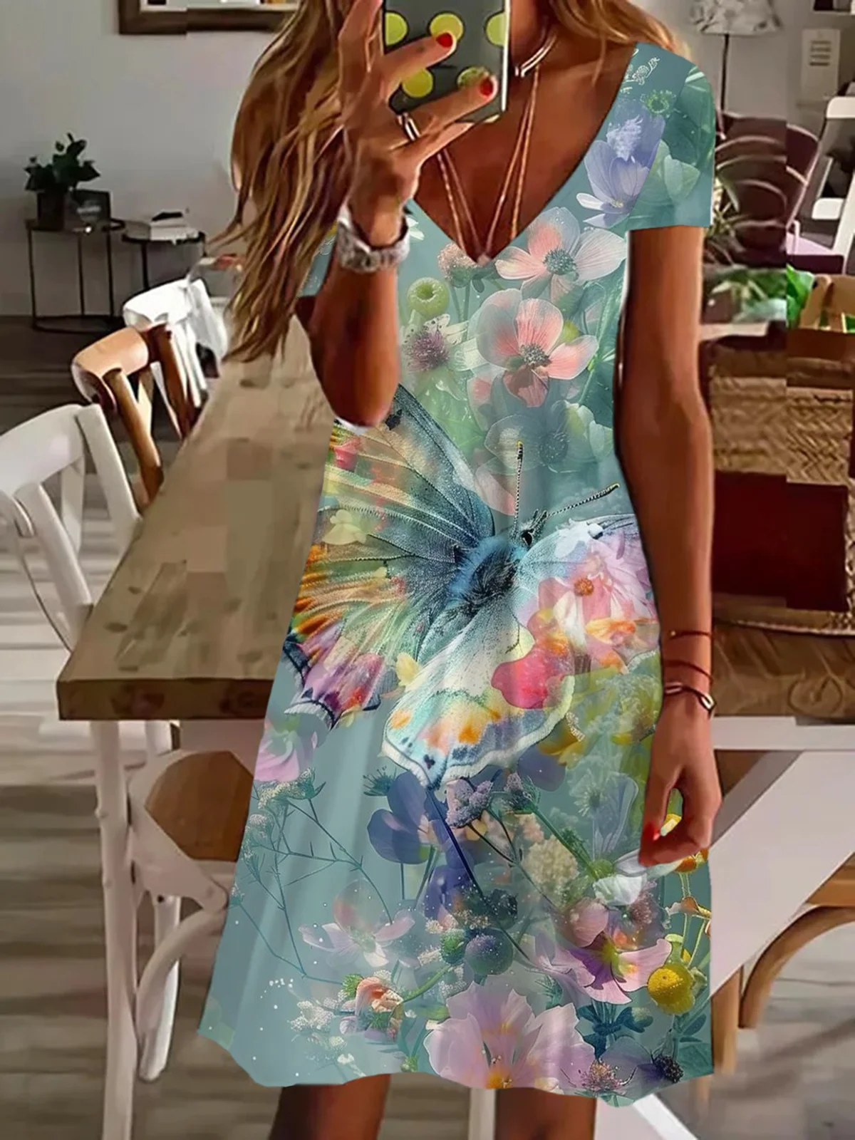 Women's Floral Spring Print Casual V-Neck Short Sleeve Dress