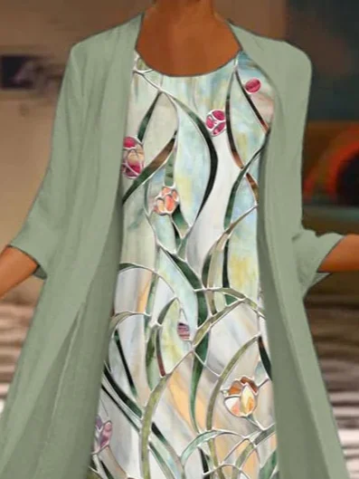 Women's Vintage Floral Print Casual Print Two-Piece Dress