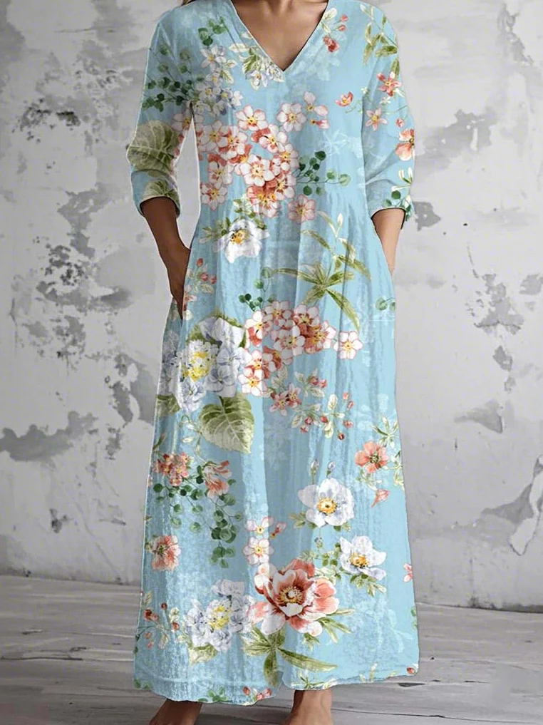 Women's Vintage Lovely Floral Art Print Pocket Cotton Dress