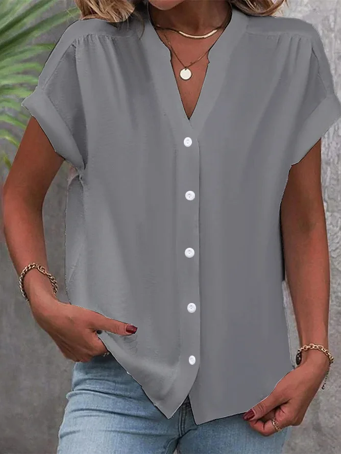 Women's Short Sleeve Shirt Summer White Plain Buckle V Neck Daily Going Out Casual Top