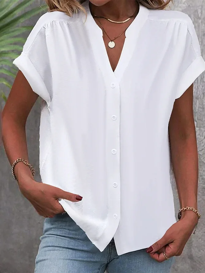 Women's Short Sleeve Shirt Summer White Plain Buckle V Neck Daily Going Out Casual Top