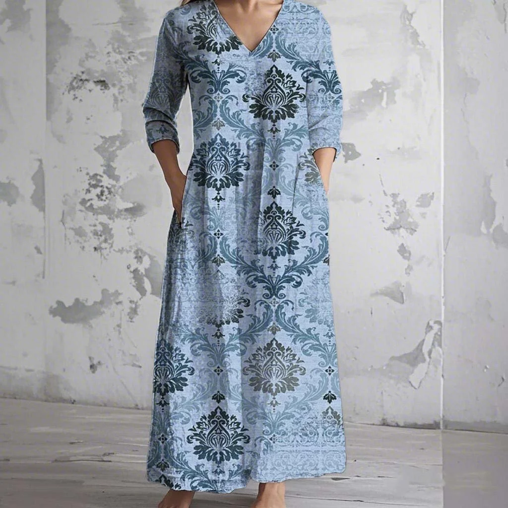 Women's Vintage Floral Art Print Pocket Cotton Dress