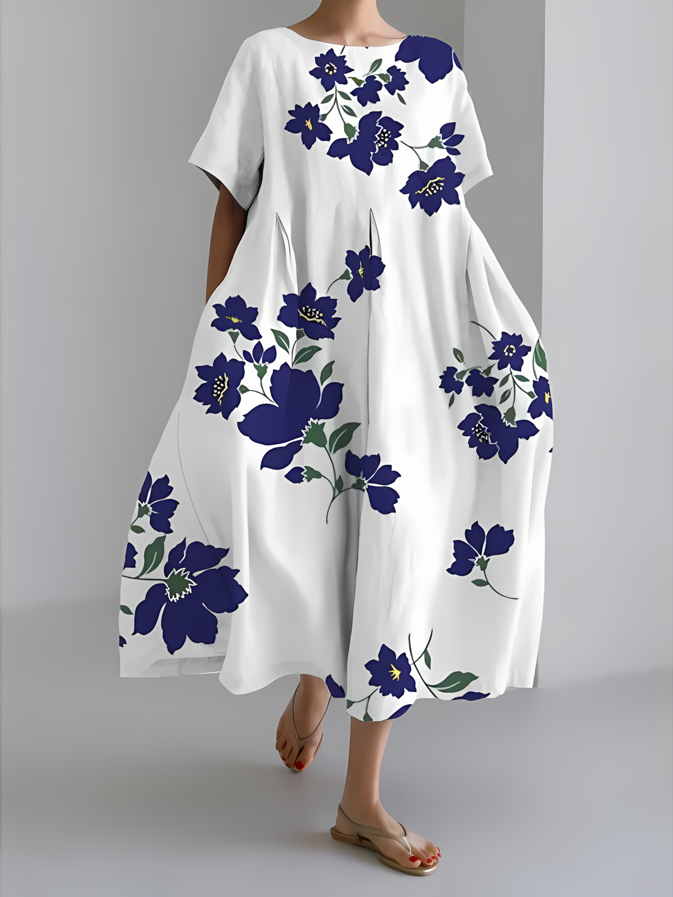 Women's Artistic Floral Print Vintage Round Neck Pleated Dress