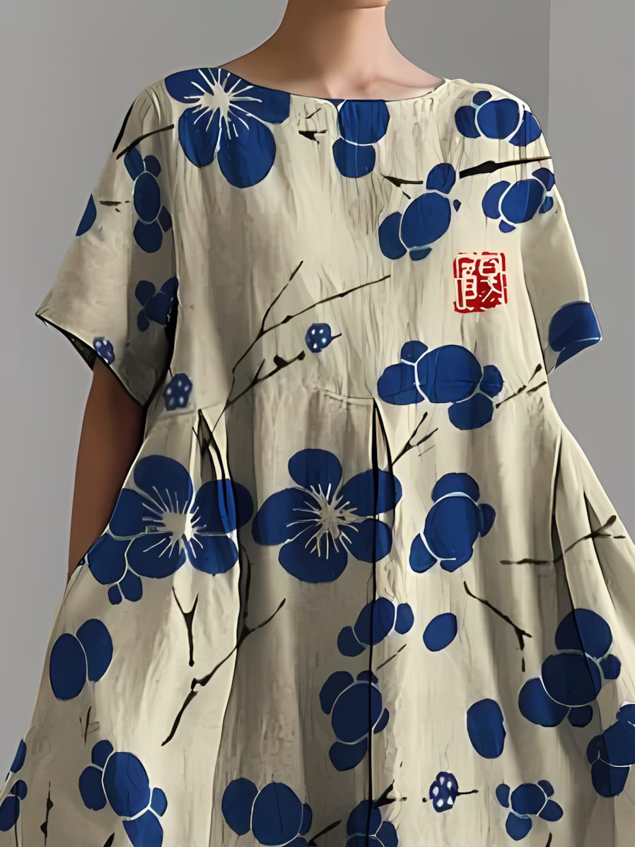 Women's Japanese Art Floral Print Vintage Round Neck Pleated Maxi Dress