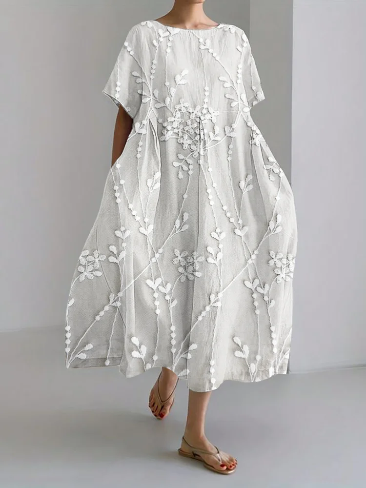 Elegant floral lace embroidery linen blend dress Dress With No Belt