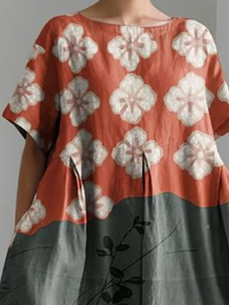 Women's Artistic Floral Print Vintage Round Neck Pleated Maxi Dress
