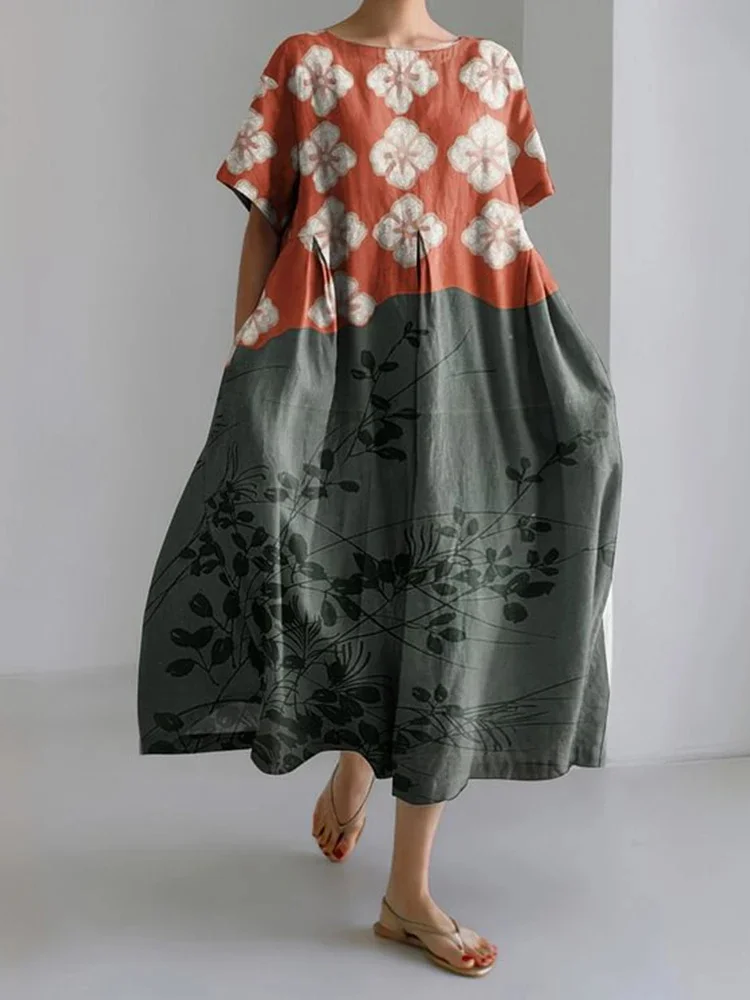 Women's Artistic Floral Print Vintage Round Neck Pleated Maxi Dress