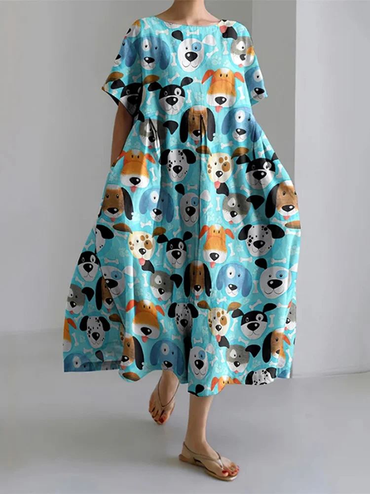 Women'S Funny Dog ​​Print Short Sleeve Linen Blend Midi Dress With No Belt