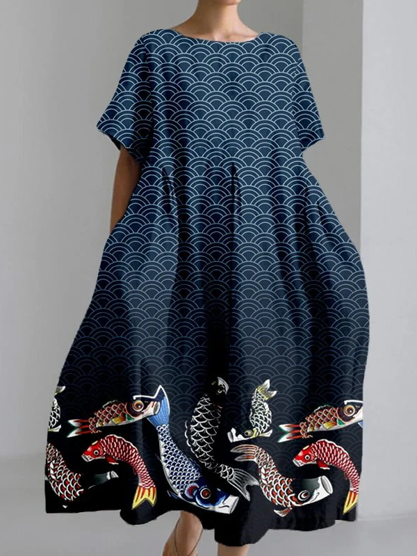 Women's Japanese Art Print Vintage Round Neck Pleated Maxi Dress