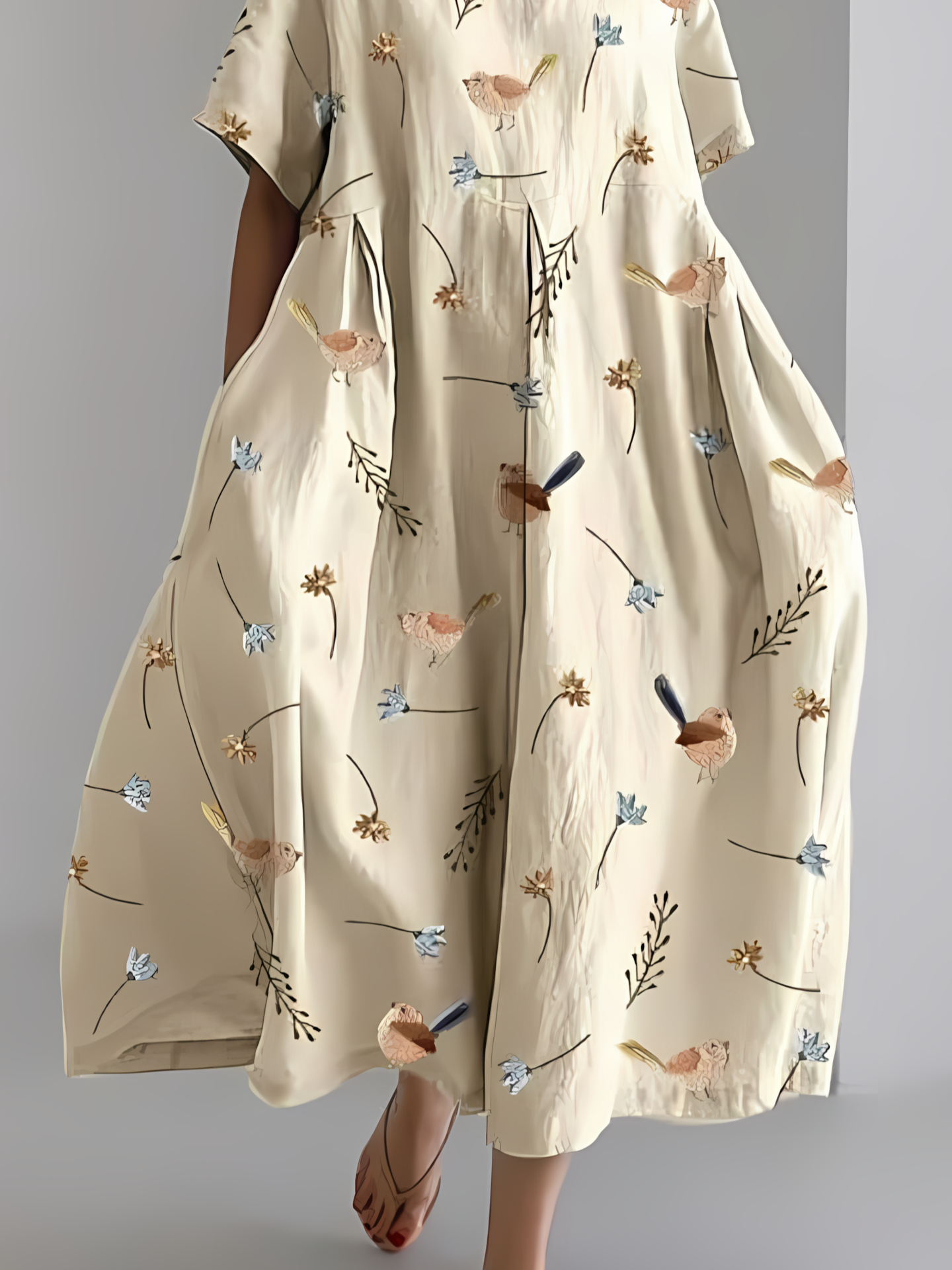 Women's Artistic Floral Print Vintage Round Neck Pleated Maxi Dress
